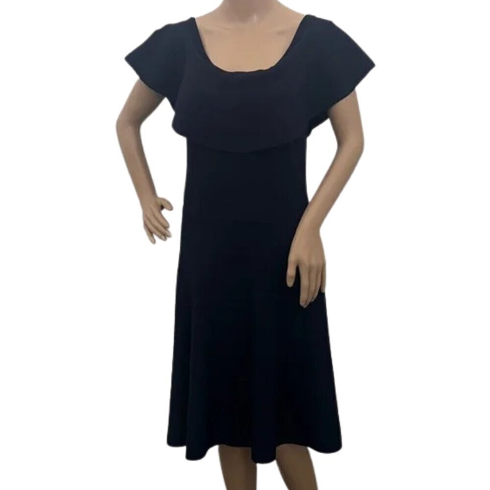 Eliza J Midnight Blue Ruffle Neck Fit Flare Ballet Cocktail Party Dress - Size L - Picture 2 of 10